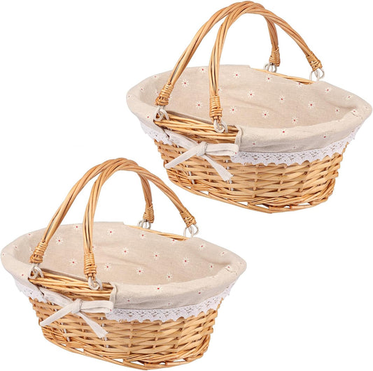 2 Pack Medium Size Wicker Basket with Handle, 12.6x9x4.7 inch Wicker Picnic Basket with Liner, Empty Gift Basket, Oval Willow Woven Basket for Fruit, Candy, Gathering, Wedding, Picnic, by,GNIEMCKIN