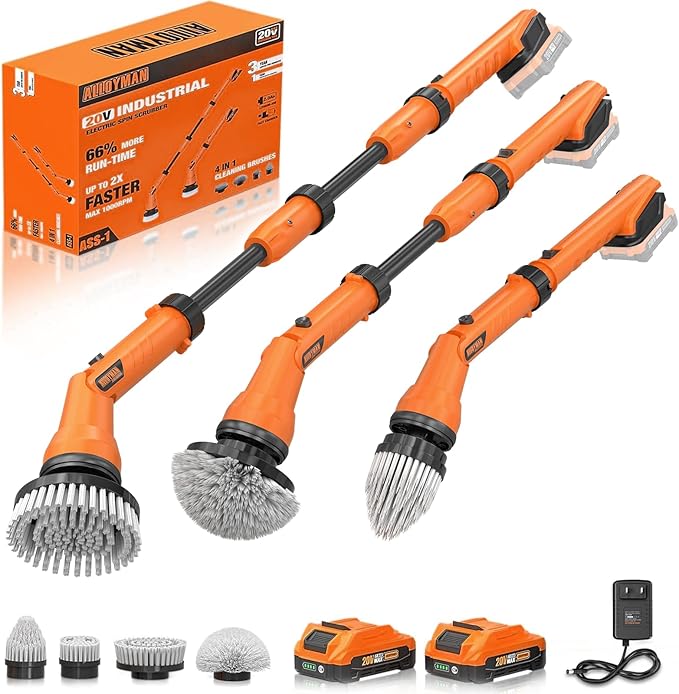 2 Battery Electric Spin Scrubber, 1000RPM Cordless Cleaning Brush Waterproof with 20V Power Supplied, Adjustable Extension Handle, 4 Replaceable Cleaning Heads, Hook, Gloves - for Tub/Tile/Wall/Floor