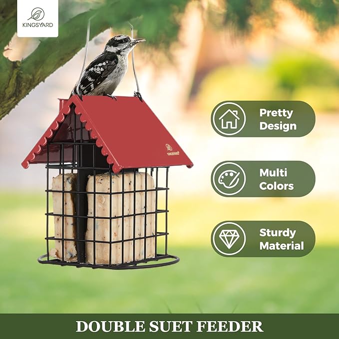 Kingsyard Double Suet Bird Feeder with Weatherproof Roof & Perch, All Metal, Suet Cakes Cage Bird Feeder for Outdoors Hanging, Easy to Clean & Refill, Red