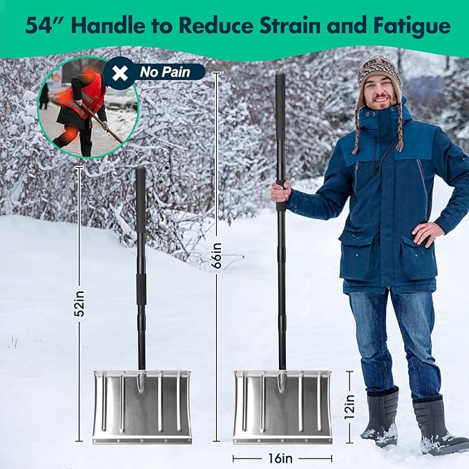 Snow Shovel with Metal Strip, Heavy Duty 16” Wide Aluminum Metal Snow Shovel Pusher for Driveway,Lightweight Emergency Car Snow Shovels for Walkway,Decking,Deck, Driveway