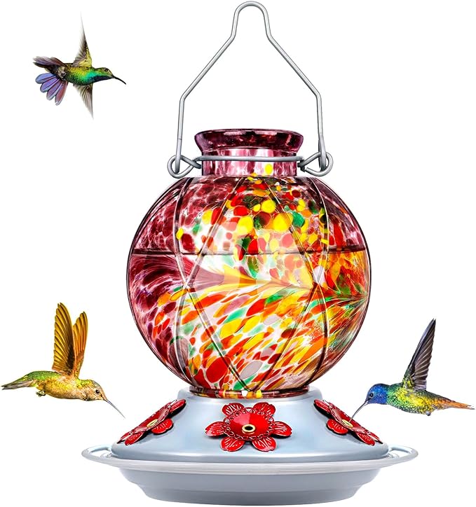 BOLITE Hummingbird Feeder, Hummingbird Feeders for Outdoors Hanging, Hand Blown Glass, Meshy Texture Ball Shape Bottle, 5 Feeding Ports with Perch, 20 Ounces, Leak Proof, Purple, Gifts for Women Men