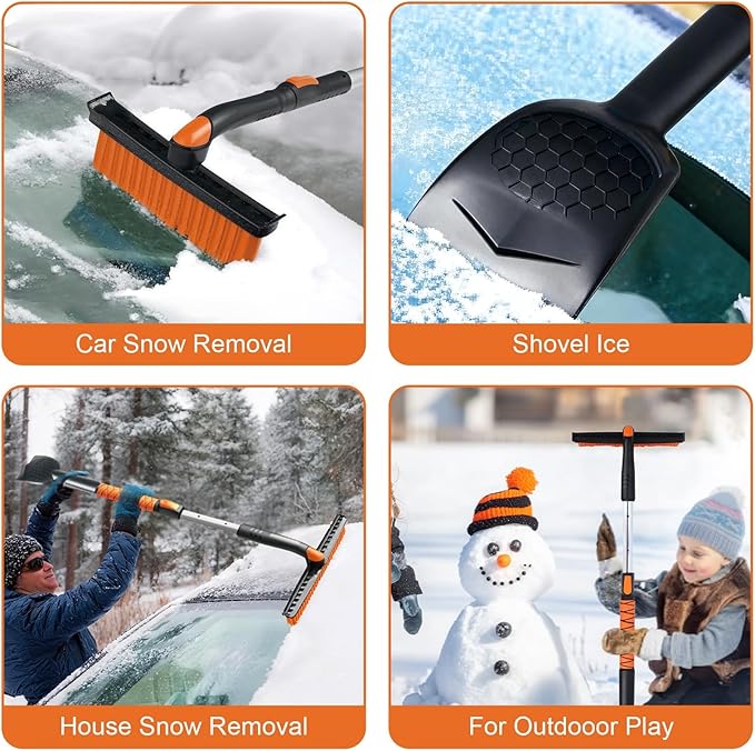 Eazy2hD 3 in 1 Silicone Snow Brush with Ice Scrapers, 39.37" Extendable Window Ice Removal with Squeegee for Windshield, 360° Pivoting Brush Head Cleaner Tool for Car, Truck, SUV