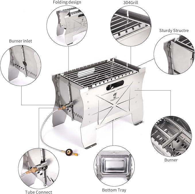 Camping Grill Folding Charcoal Grill,2 in 1 Portable Duel Fuel Charcoal or Gas Grill or Fire Pit,Stainless Steel Camping Barbecue Grill for Outdoor Barbecuing Picnicking with Storage Bag