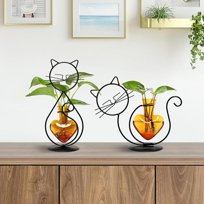Plant Terrarium Plants Propagation Station Cat Lover Gifts for Women Home Office Decor Cat Desk Accessories