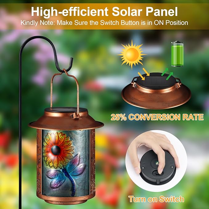 Dragonfly Solar Lanterns Outdoor Waterproof, Birthday Gifts for Women Mom Grandma , Metal Garden Decor Hanging Solar Lights Outside Decorative for Yard Patio Backyard Porch Decorations (Sunflower)
