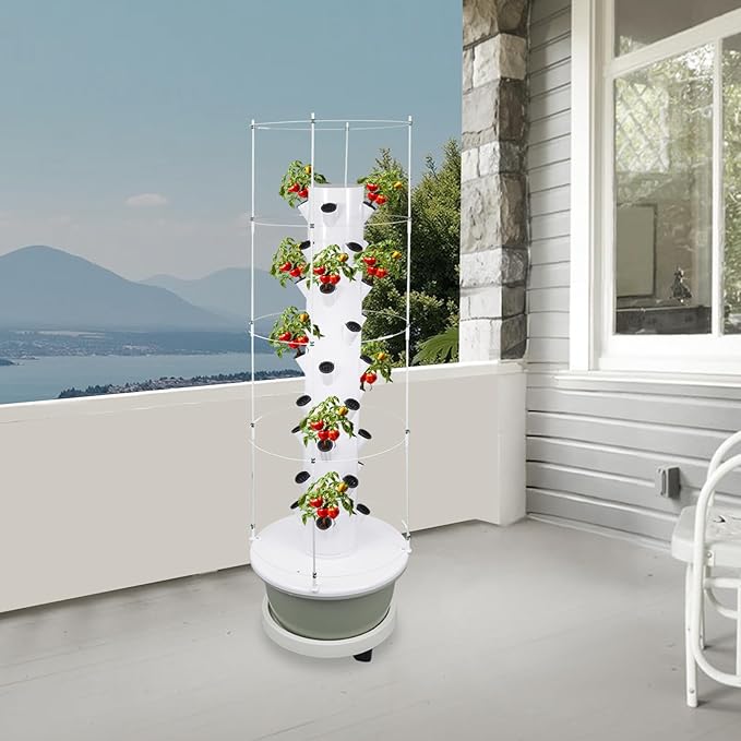 Hydroponic Growing Tower with Climbing Trellis, 30L Water Tank & Automatic Timer, Indoor Outdoor Vertical Garden System for Vegetables Herbs Strawberries (Light Green - 36 Holes)