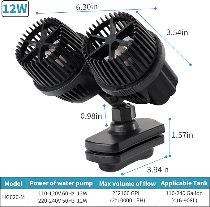 hygger 4200GPH Double Head Aquarium Circulation Pump, Quiet 12W Aquarium Wave Maker, with Strong Magnetic Suction Base, 360°Adjustable Power Head, for 110~240 Gal Tank