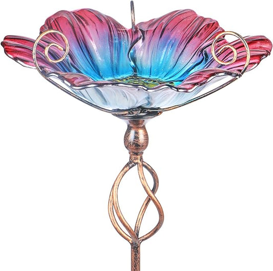 MUMTOP 31 Inch Height Glass Birdbath Birdfeeder with Metal Stake Garden Yard Outdoor