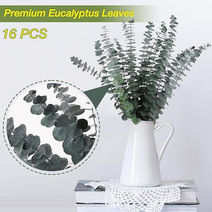 16 Pcs Preserved-Dried-Eucalyptus-Branches,17" Real Natural Fresh Eucalyptus Plant for Shower, Real Eucalyptus Bunch for Vase Filler, Greenery Stem, Dried Flowers Arrangement, Floral Home Decor