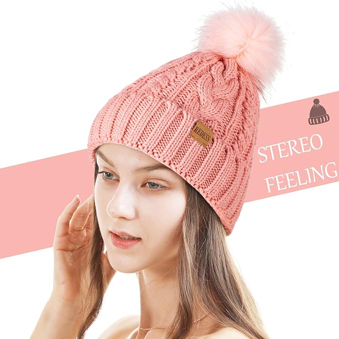 REDESS Women Winter Pompom Beanie Hat with Warm Fleece Lined, Thick Slouchy Snow Knit Skull Ski Cap