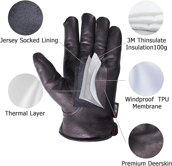 SKYDEER Full Deerskin Leather Winter Drive Work Gloves, Extra Soft 100G 3M Thinsulate, Thermal Insulated Gloves (SD2211T)