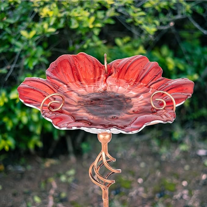 MUMTOP 31 Inch Height Glass Birdbath Birdfeeder with Metal Stake Garden Yard Outdoor Red