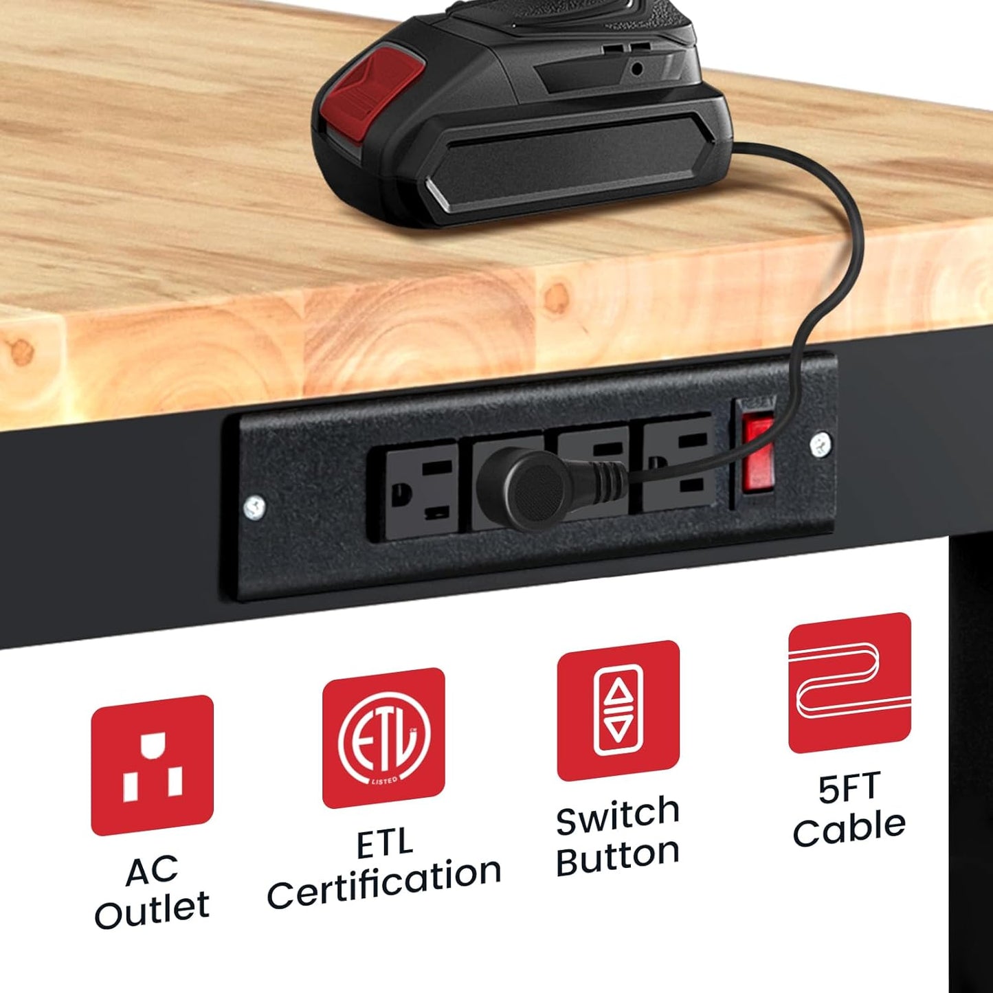 Workbench with Pegboard 48 Inch Work Bench for Garage Adjustable Height Rubberwood Tabletop Garage Workbench with Power Outlet for Woodworking, Home, Office, Workshop