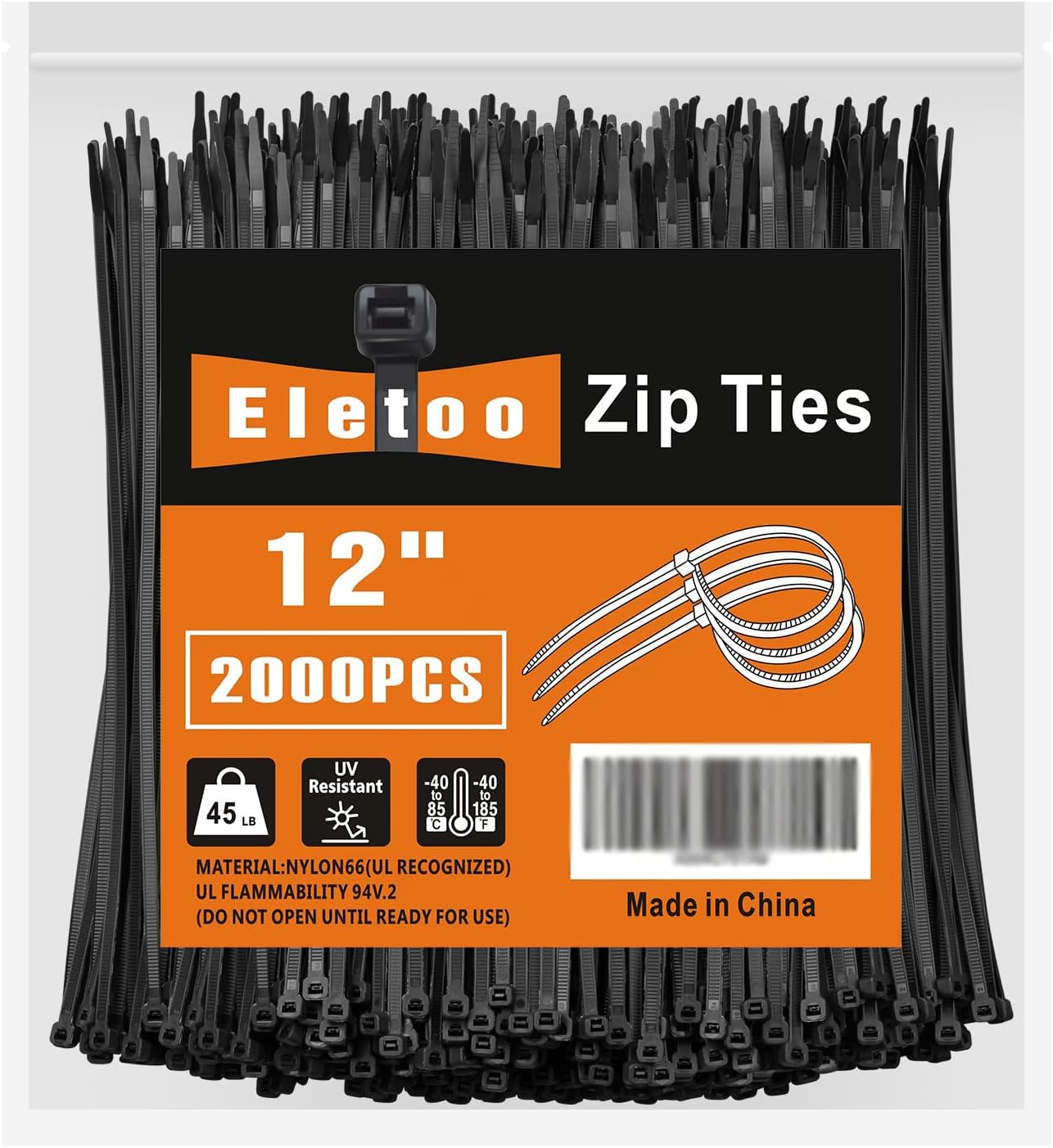 12 Inch Black Zip Ties (2000 Pack), 45 LBS Tensile Strength, Self-Locking Nylon PA66 UV Resistant Cable Ties for Indoor and Outdoor Use