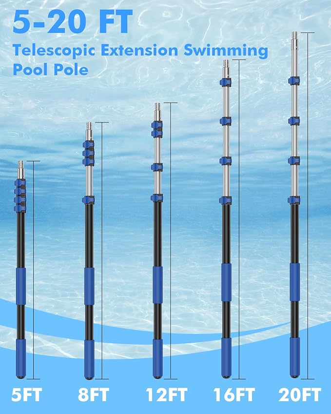 Pool Pole Telescopic 20FT Heavy Duty Upgraded Aluminum, 20 Ft Extension/Extendable Telescoping Tool for Above Ground/Inground Swimming Cleaning Supplies Accessories, Leaf Skimmer/Brush/Net/Vacuum/Mesh