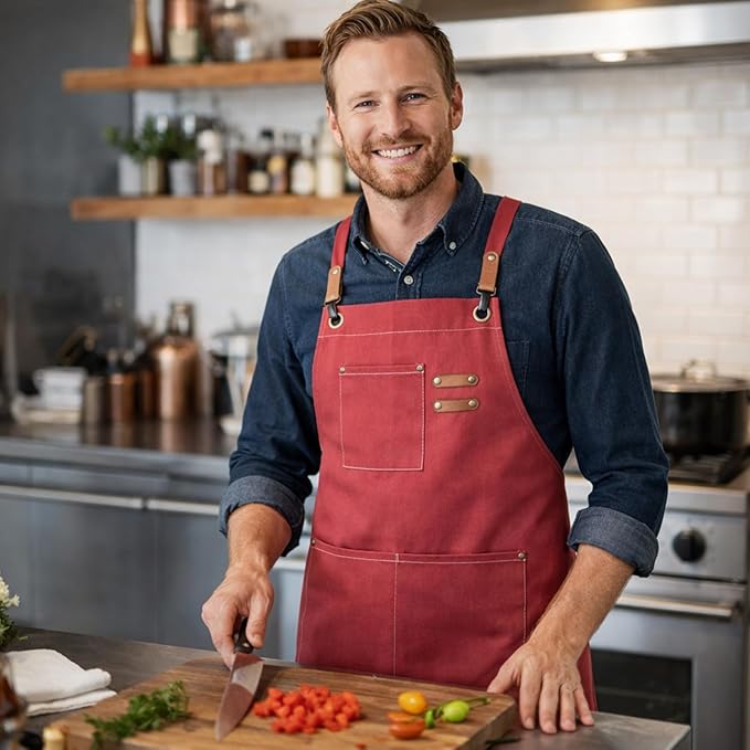 Chef Aprons for Men Canvas Apron with Large Pockets and Adjustable Neck Strap for Cooking,BBQ, Gardening