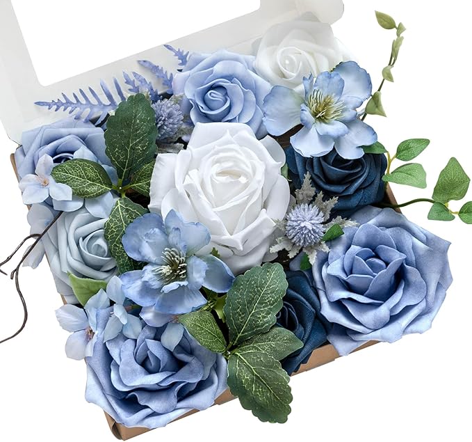 Ling's moment Fake Flowers Box, Artificial Faux Greenery Stems Silk Peony Foam Rose for Wedding Bouquets Centerpieces Table Decorations Backyard Floral Arrangement, Dusty Blue & Ivory, Mini Combo