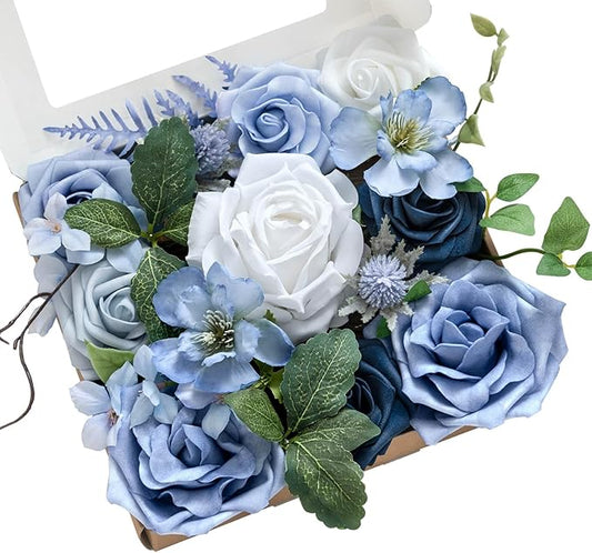 Ling's moment Fake Flowers Box, Artificial Faux Greenery Stems Silk Peony Foam Rose for Wedding Bouquets Centerpieces Table Decorations Backyard Floral Arrangement, Dusty Blue & Ivory, Mini Combo