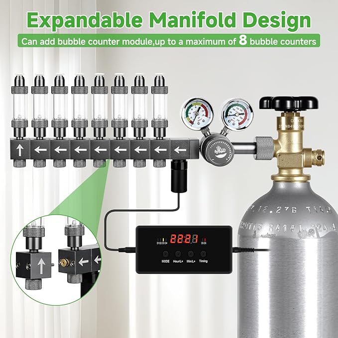 Upgraded Aquarium CO2 Regulator with Motorized Valve, Dual Stage Adjustable Pressure, Expandable for Two Tanks, Includes Timer and Bubble Counters for CO2 Aquarium System
