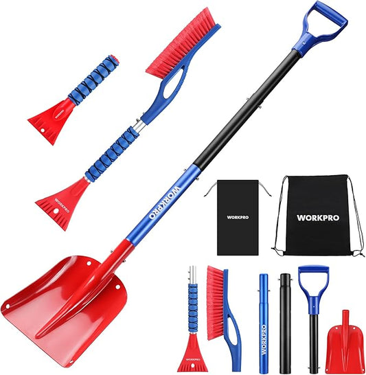 WORKPRO 3-Piece Snow Removal Kit, 47" Detachable Snow Shovel, 27" 2-in-1 Ice Scraper & Snow Brush Tool, Separate Snow Scraper for Car, Truck, Driveway, and Winter Conditions, Storage Bag Included