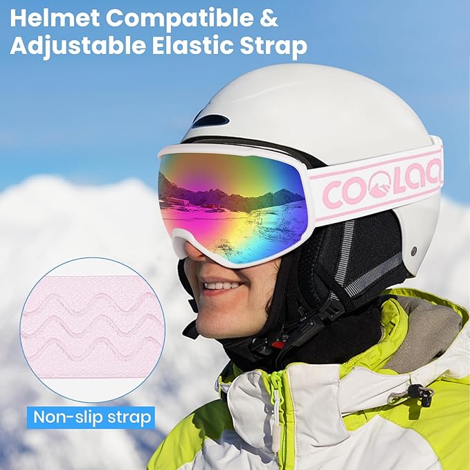 COOLOO Ski Goggles, OTG Snow Goggles for Adult Men Women Youth, Snowboard Goggles Over Glasses, Anti-fog, UV Protection