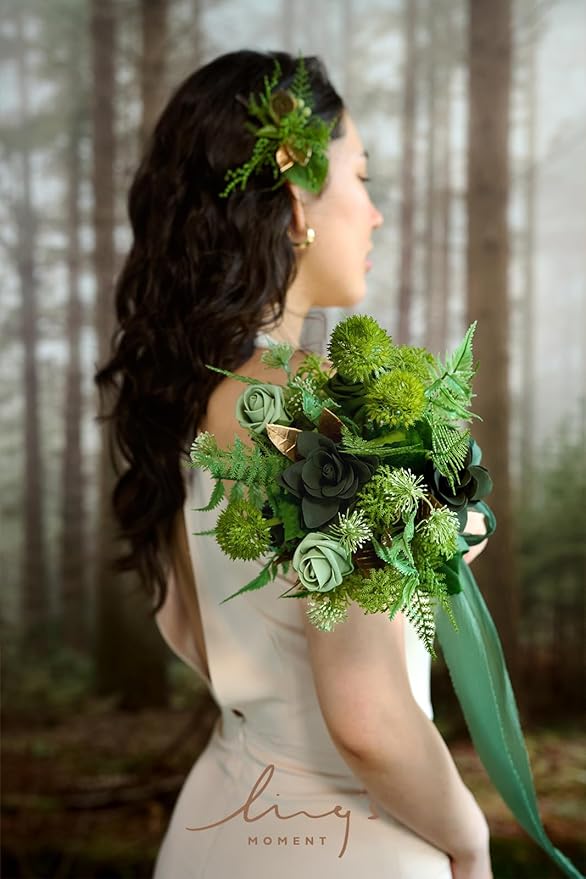 Ling's moment Fake Flowers Box, Faux Artificial Greenery Stems Foam Roses Gardenia Silk Lily Fabic Flower for Centerpieces Bouquet Wedding Vase Floral Decorations, Emerald & Gold, Grand Combo