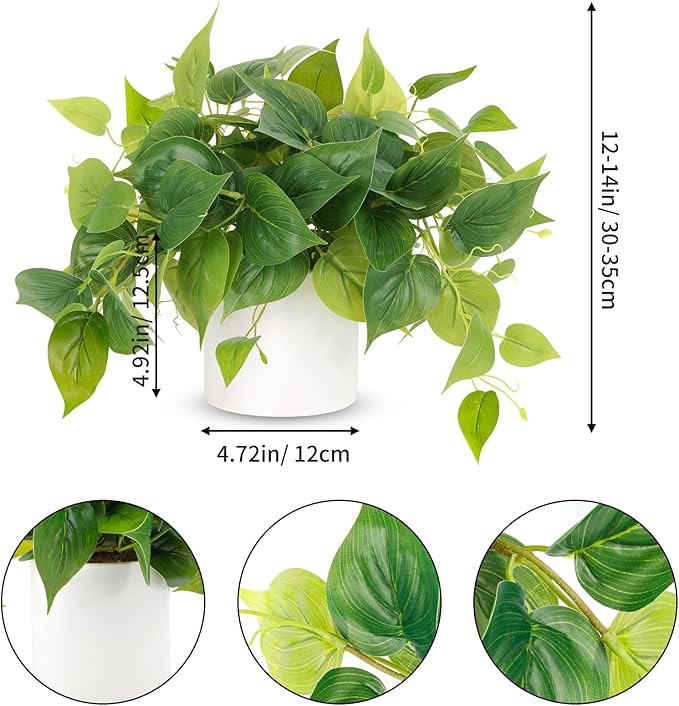 JPSOR Faux Plants Indoor, Pothos Small Fake Plants for Home Decor Indoor Fake Potted Plant Artificial Plants for Living Room Shelf Home Office Decor（White Ceramic Pot）