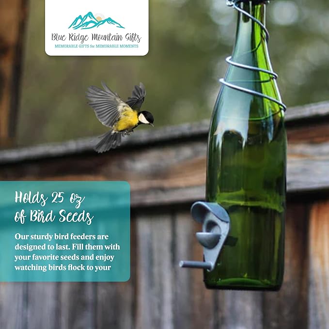 Blue Ridge Mountain Wine Bottle Bird Feeders, Backyard Decor, Finch Feeder, Garden Decor for Outside, Bird Decor, Hanging Bird Feeder, Outdoor Decor, 25oz Seed Capacity, Green & Copper