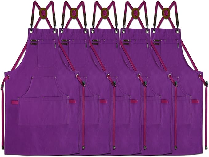 5 Pack Kitchen Apron, Work Apron, Canvas, Multiple Pockets, Gardening, Painting, BBQ, Artist, Carpenter, Sizes M to XXL, Purple