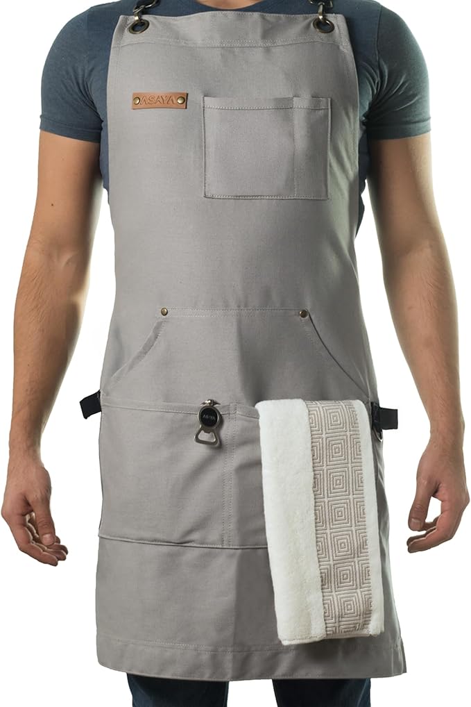 Asaya Chef and BBQ Apron with Bottle Opener and Hand Towel - 10oz Cotton Canvas, Stainless Steel Hardware - Cross Back Straps