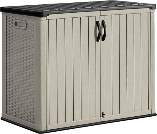 Greesum Outdoor Horizontal Storage Sheds 27 Cu.ft Resin Large Storaged Box Weather Resistance, Without Shelf, Easy to Assemble, Prefect for Garden, Patios, Backyards, Beige