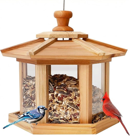 Solution4Patio Bird Feeder for Outdoors - USA Cedar Hexagon Gazebo Bird Feeders with Vented Mesh Tray, Easy-Clean & Fill Design 9.6" Dia. X 8.7" H 3.2-lb Capacity