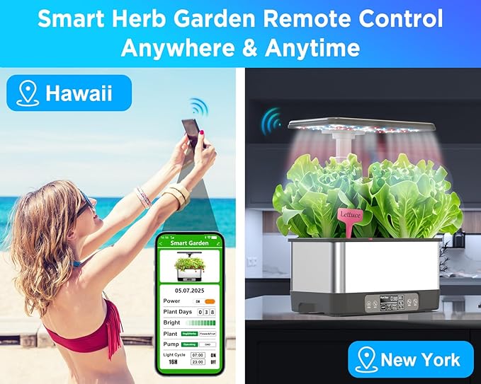 Hydroponics Growing System Indoor Garden, Smart Indoor Herb Garden with Grow Light, in Door Gardening System 8 Pods, APP & WiFi Control, Auto Timer, Quiet Pump, Stainless, Gift for Women Mom, Gray