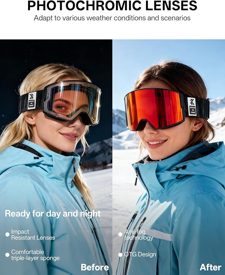 KAPVOE Ski Goggles Photochromic & Color Anti-fog UV400 Protection OTG Snowboard goggles Suitable for Men Women K722