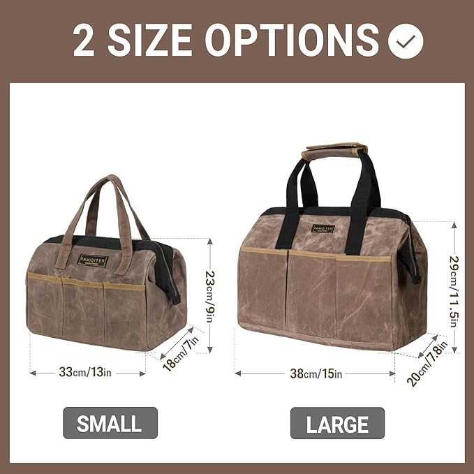 Tool Bag, 15-inch Heavy Duty 16oz Waxed Canvas Wide Mouth Water-Resistant Tool Bag, Tool Tote with Handle for Tools, Wrenches, Screwdrivers (15 X 7.8 X 11.5 inch) | Grey