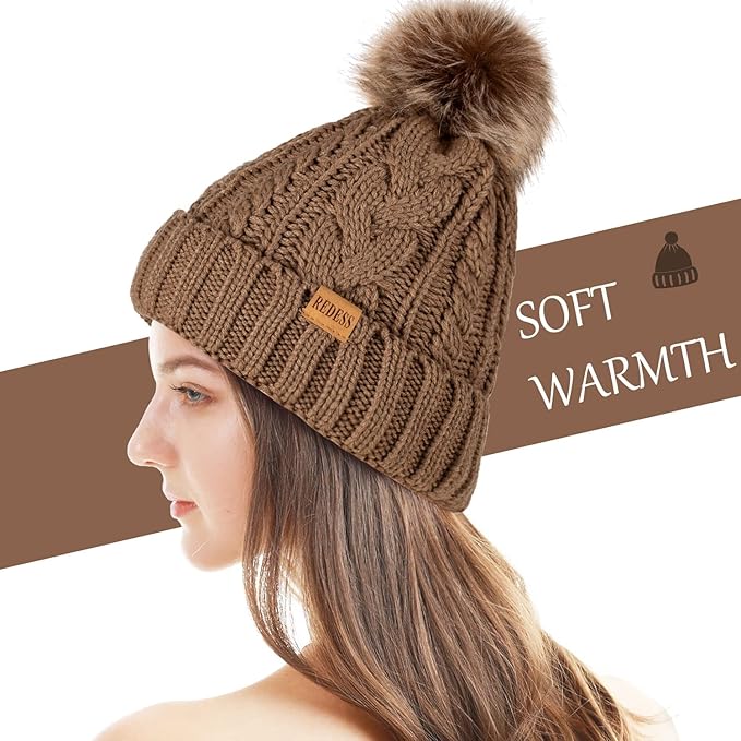 REDESS Women Winter Pompom Beanie Hat with Warm Fleece Lined, Thick Slouchy Snow Knit Skull Ski Cap