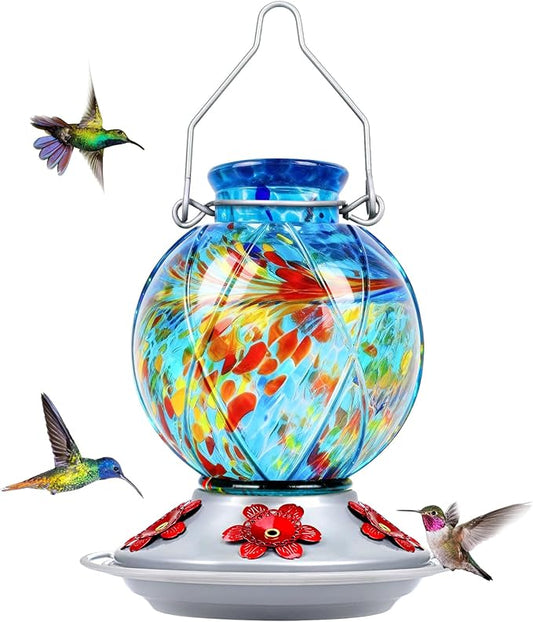 Hummingbird Feeder, BOLITE Glass Hummingbird Feeders for Outdoors Hanging, Hand Blown, with Ant Moat and Five Feeding Ports, Meshy Texture Ball Shape Bottle, 20 Ounces, Blue, Gifts for Women Men