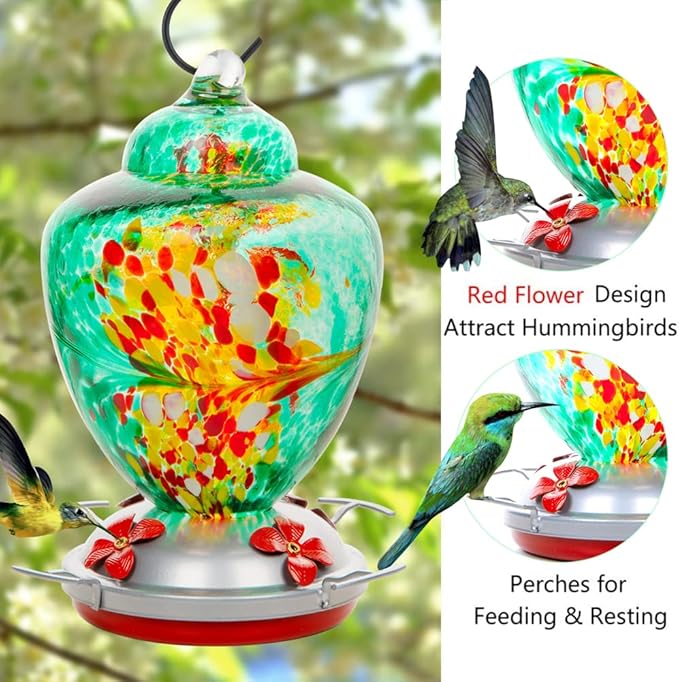 REZIPO Hummingbird Feeder with Perch - Hand Blown Glass - 38 Fluid Ounces Hummingbird Nectar Capacity Include Hanging Wires and Moat Hook (Green)