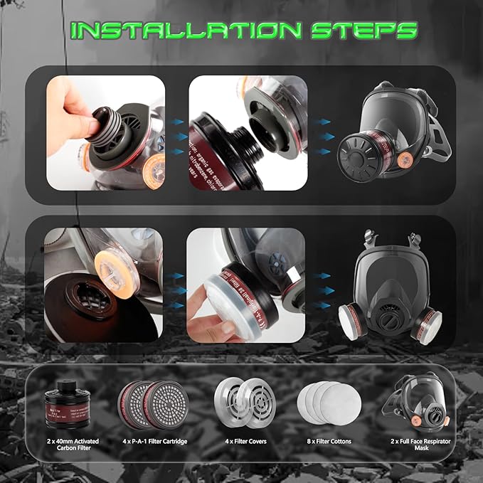 HANUU Gas Masks Survival Nuclear and Chemical, Gas Mask with 40mm Activated Carbon Filter and P-A-1 Filters, Tactical Full Face Respirator Mask for Vapor Chemicals Spray Paint Resin Dust (2 Pack)