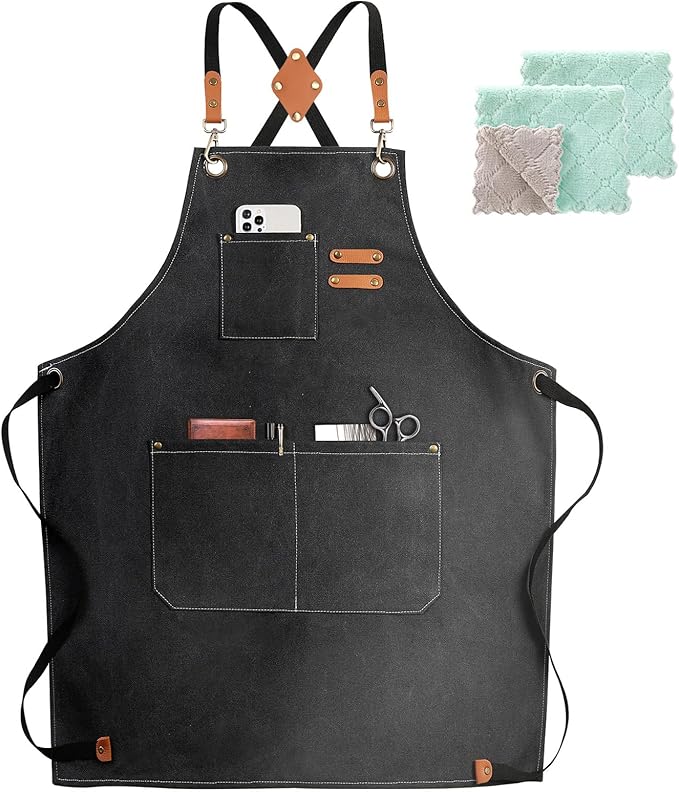 ZOMAO Chef Apron,Cross Back Apron for Women and Men,Cotton Canvas Apron with Adjustable Straps and Large Pockets,Kitchen Cooking Baking Bib Apron