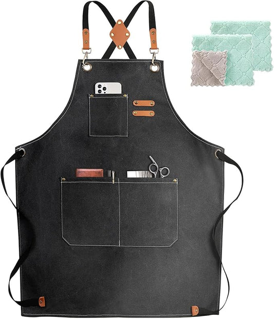 ZOMAO Chef Apron,Cross Back Apron for Women and Men,Cotton Canvas Apron with Adjustable Straps and Large Pockets,Kitchen Cooking Baking Bib Apron