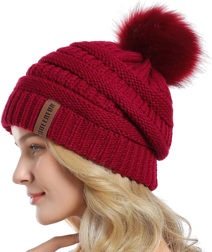 QUEENFUR Women Knit Slouchy Beanie Chunky Baggy Hat with Faux Fur Pompom Winter Soft Warm Ski Cap