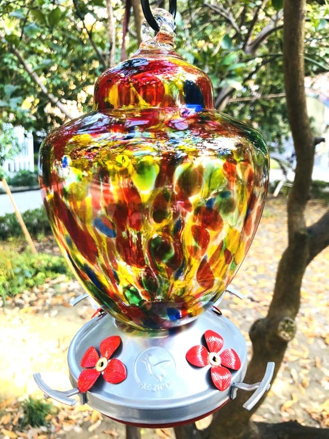 REZIPO Hummingbird Feeder with Perch - Hand Blown Glass - Colored - 38 Fluid Ounces Hummingbird Nectar Capacity Include Hanging Wires and Moat Hook