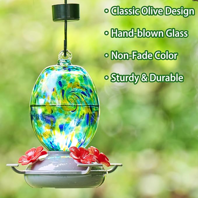 Muse Garden Hand Blown Glass Hummingbird Feeder - 19OZ Plastic Base Humming Bird Feeders for Outdoors Hanging, Garden Decor Gifts for Bird Lovers, Starry Night