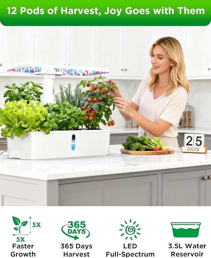 Hydroponics Growing System Kit 12 Pods, Hydroponic Herb Garden Kit Indoor with 24W LED Grow Light, Smart Indoor Garden, Height Adjustable, Auto Timer, Quiet Pump, Gardening Gifts for Mom Women, White