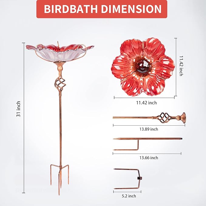 MUMTOP 31 Inch Height Glass Birdbath Birdfeeder with Metal Stake Garden Yard Outdoor Red