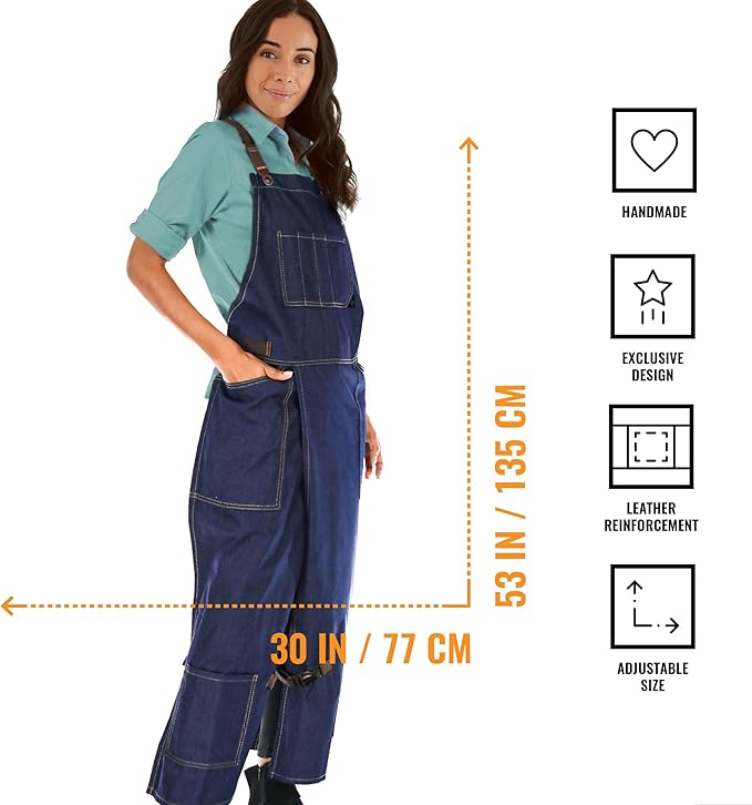 Under NY Sky Pottery Blue Apron – Full Cover Cross-Back, Durable Denim, Leather Reinforcement and Overlapping Split-Leg – Adjustable for Men and Women – Pro Pottery Artist, Mechanics