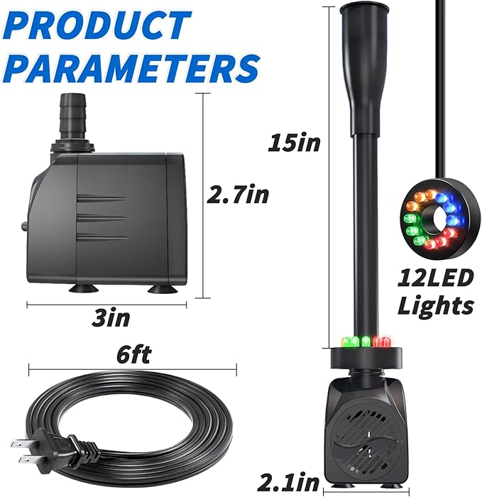 15W 200 GPH Submersible Fountain Pump with LED Light, Ultra Quiet Adjustable Water Pump (800L/H) for Water Feature, Hydroponics, Garden, Pond, Aquariums, Fish Tanks, Indoor Outdoor Fountain