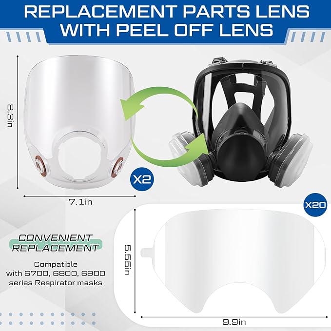 2 Pcs Replacement Parts Lens Compatible with 6000 Series Full Face Respirator and 20 Pcs Peel off Lens Cover Compatible with 6000, 6700, 6800, 6900 Series Full Face Cover, Tool Parts