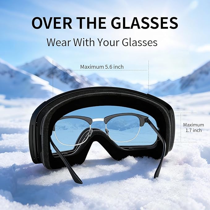 Ski Goggles for Men Women Adult & Youth, OTG Snowboard Goggles Anti Fog, Snow Goggles UV Protection Wide Vision